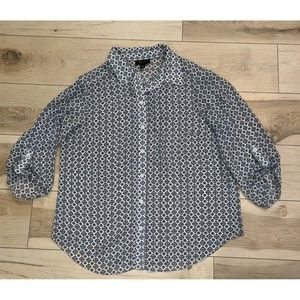 AB‎ Studio Sheer Button Up Blouse Womens L Black and White Roll Tab Long Sleeve